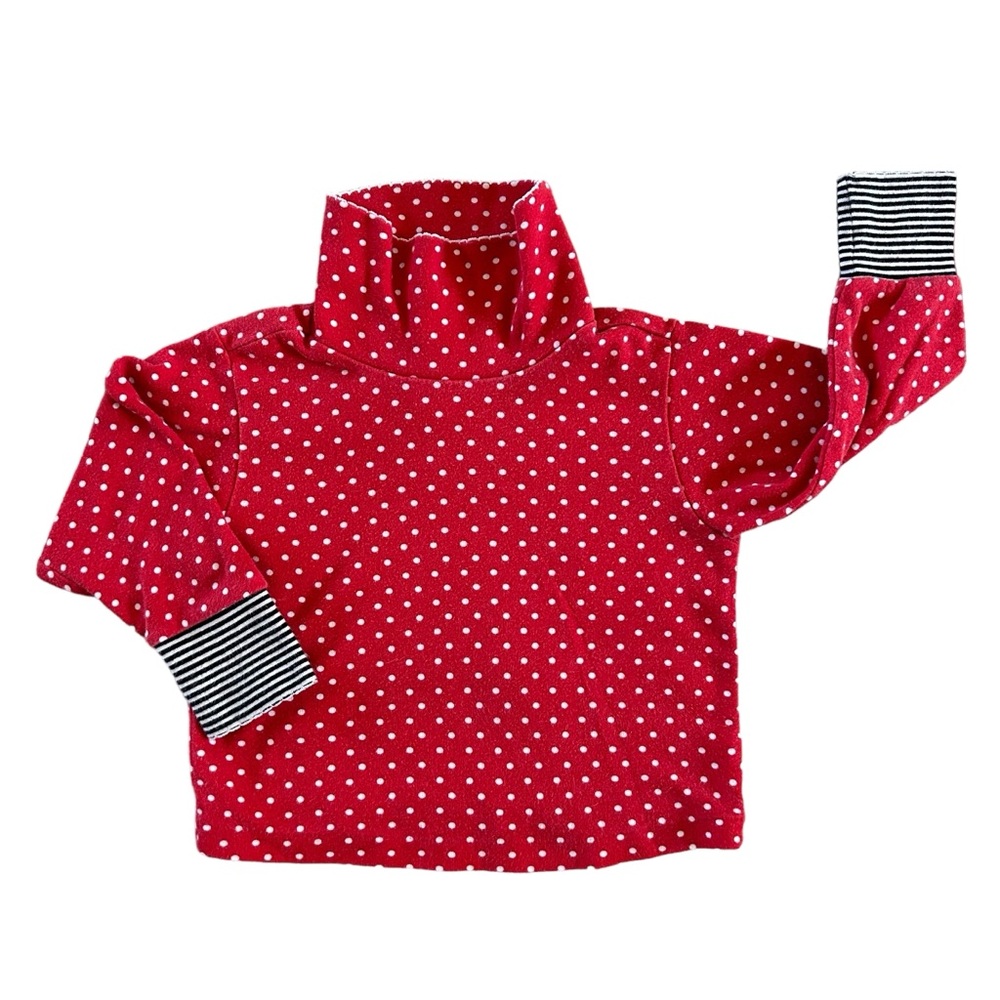 Vintage 90s 18M Gymboree Red Polka Dot Turtleneck Black White Stripe Cuffs